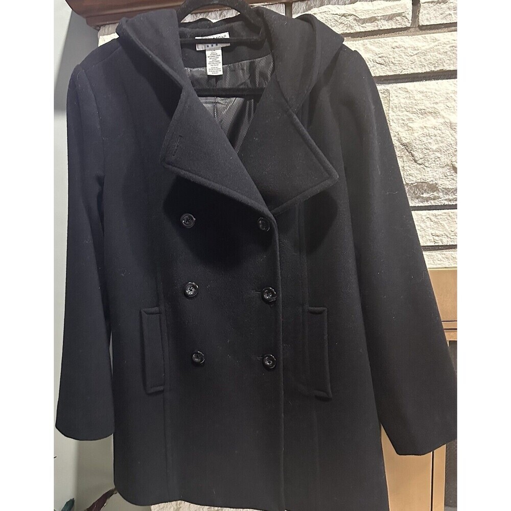 Covington Wool Pea Coat Womens Large Black Hooded Double Breasted Button Classic